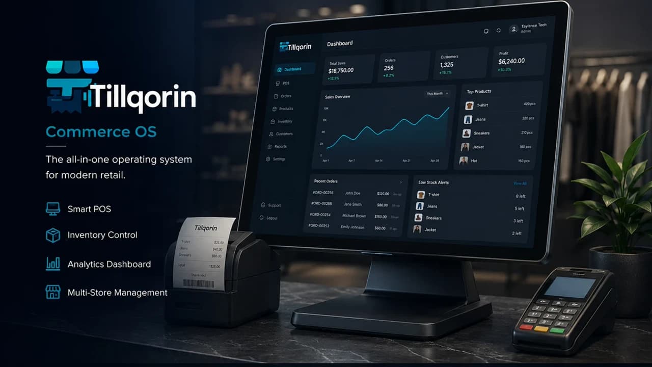 Tillqorin — Tillqorin Commerce OS retail dashboard on a POS monitor with receipt printer and card terminal — built by Taylance Tech