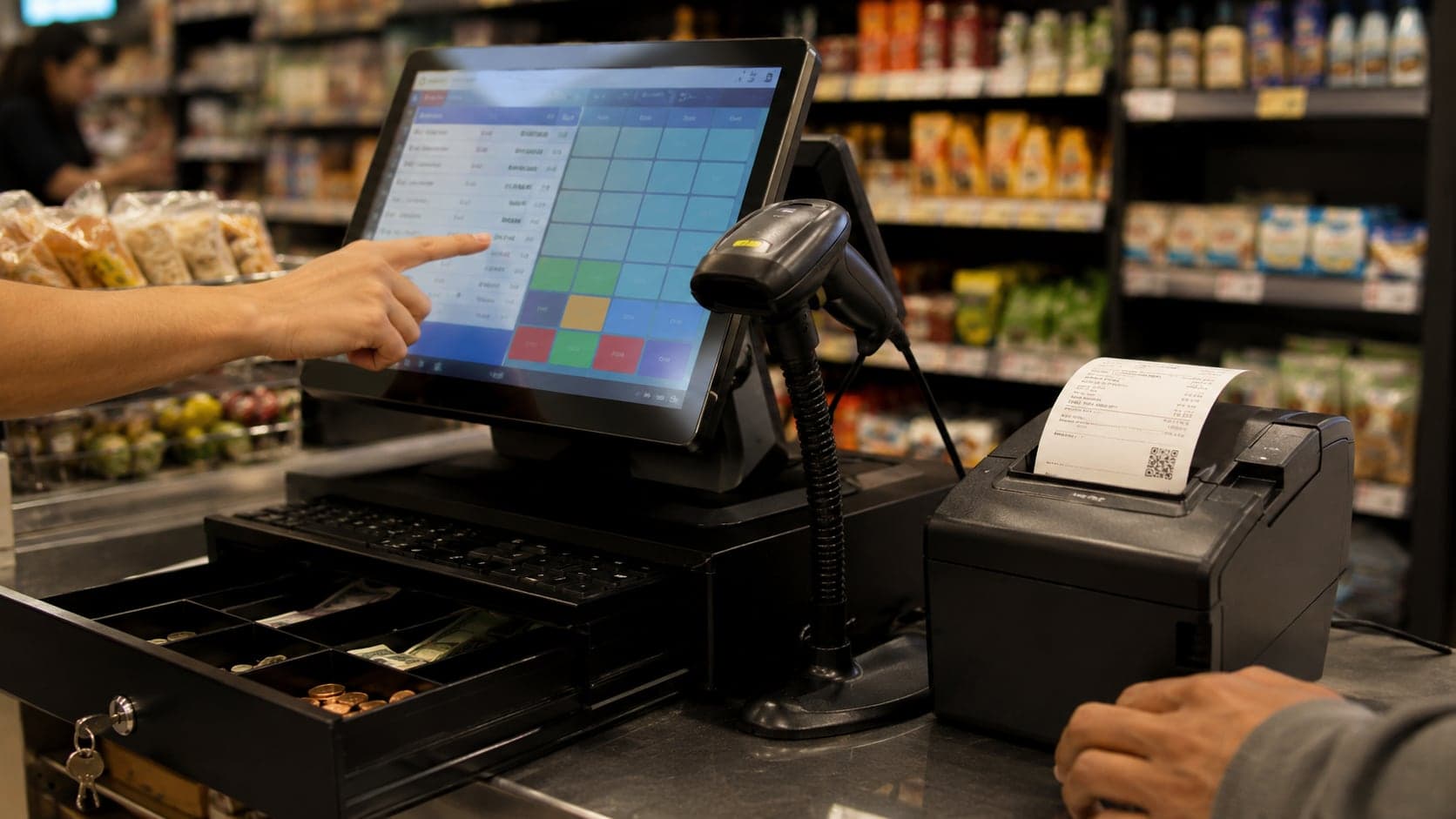 Point-of-sale counter with barcode scanner and thermal receipt printer