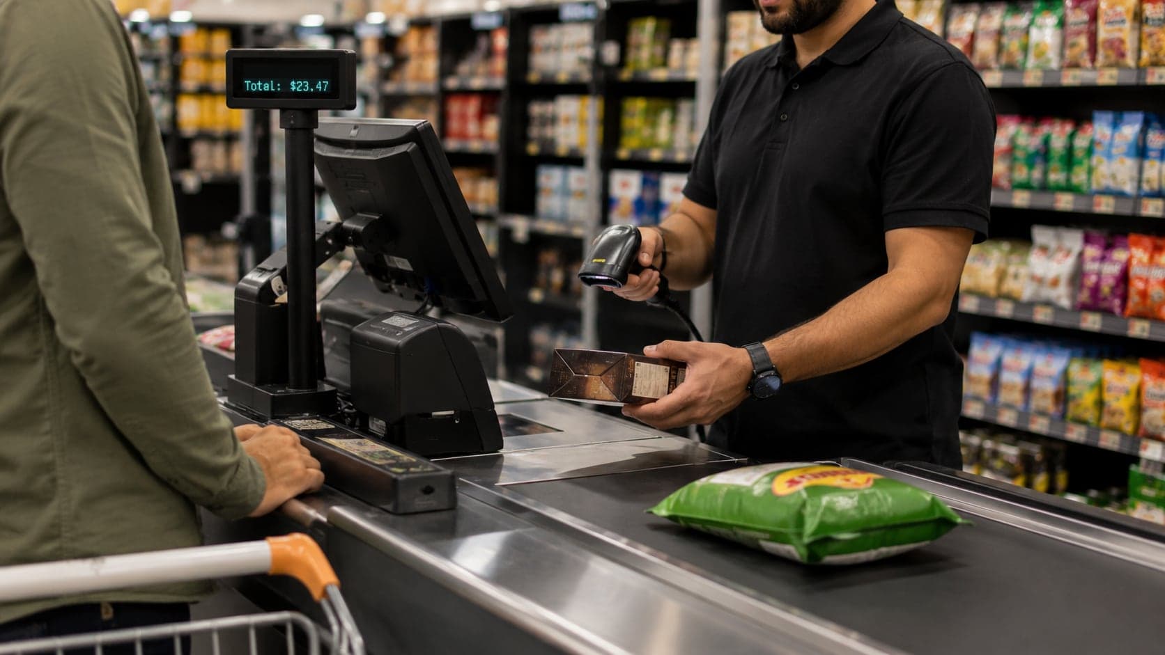 Retail checkout counter with POS screen and barcode scanner