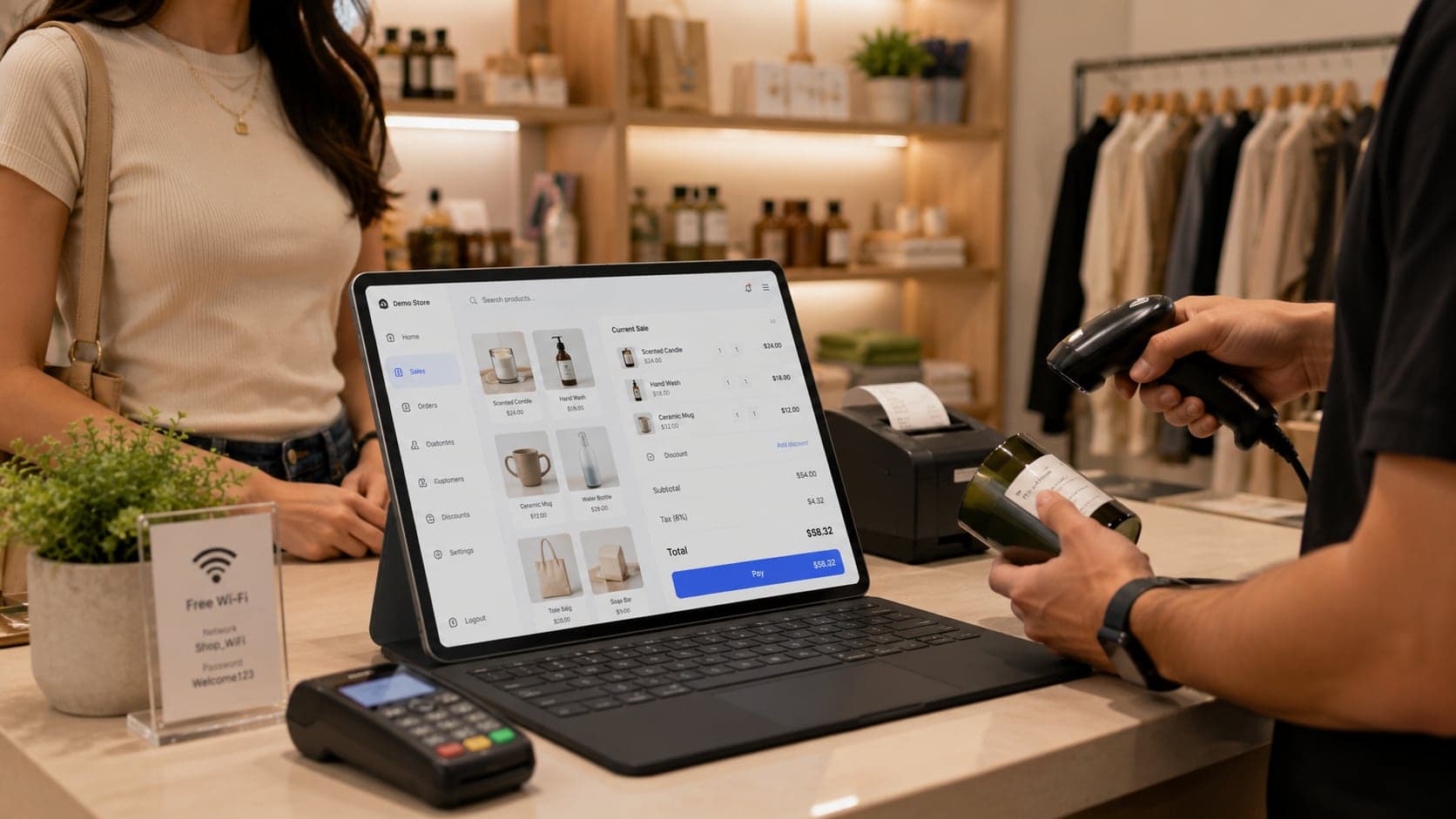 Laptop running cloud POS software at a shop counter