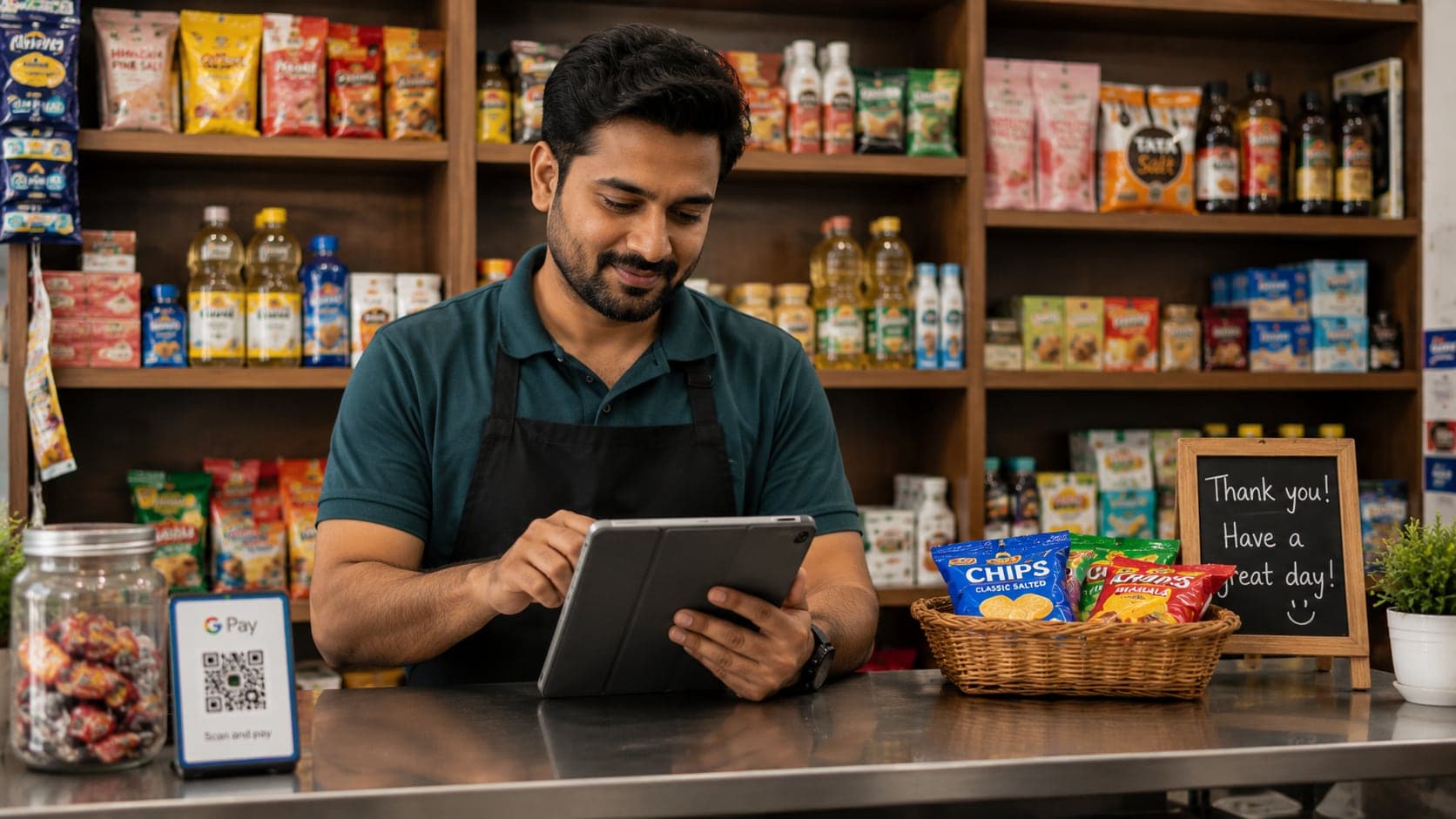 Small shop owner using POS software on a tablet