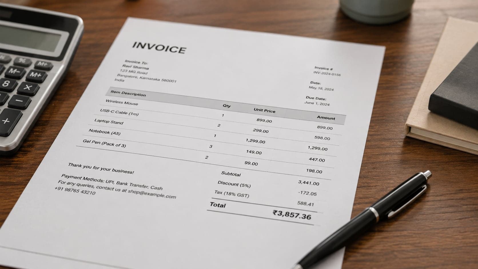 Printed business invoice with line items and totals
