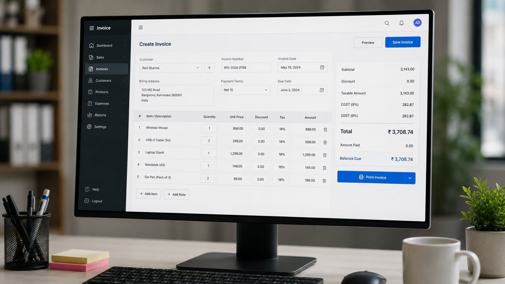 Digital invoice on screen with itemized product lines