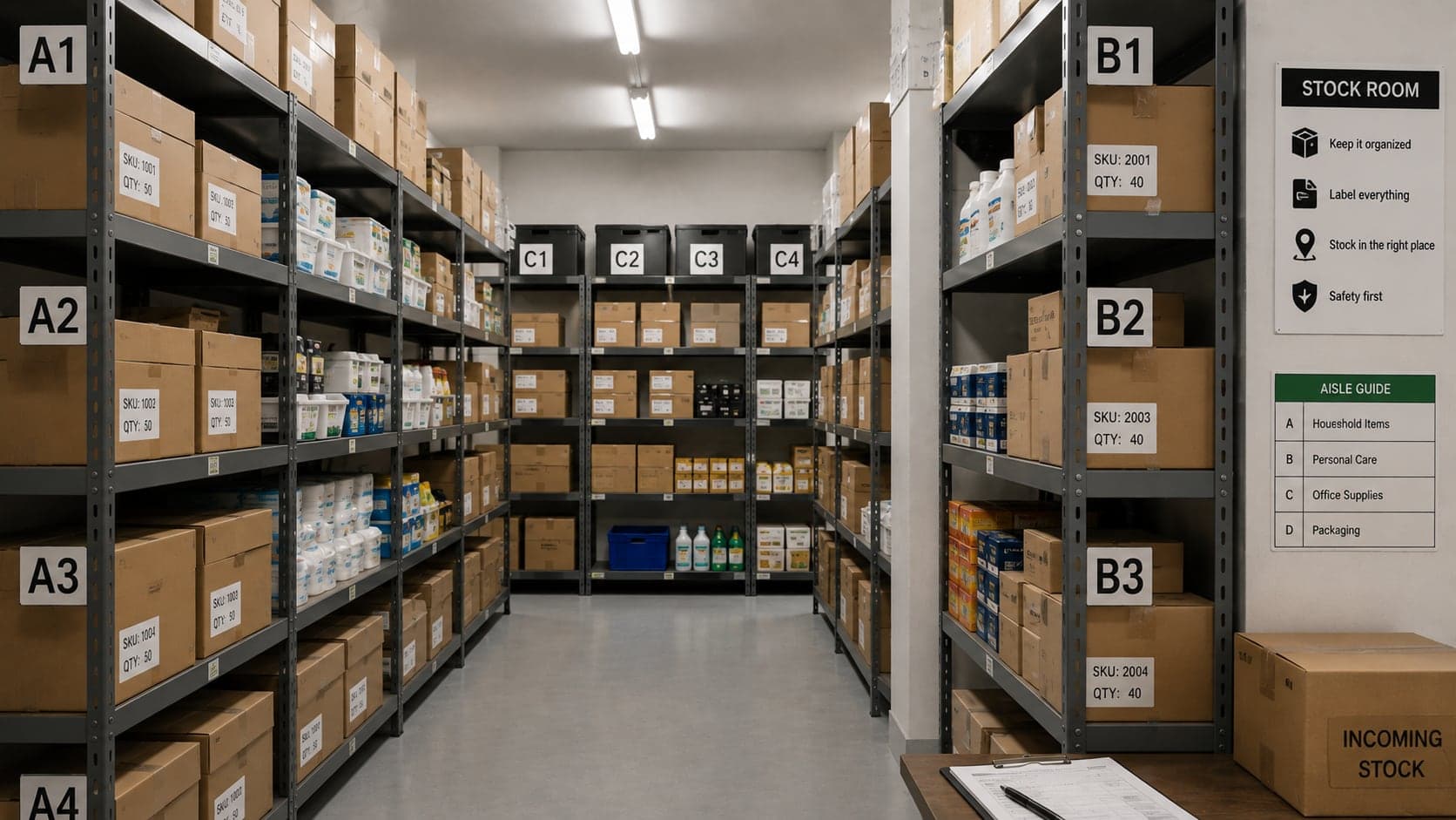 Shop storeroom shelves with labelled stock boxes