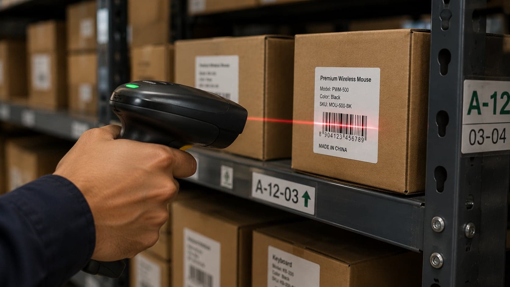 Barcode scanner reading product label at shop counter