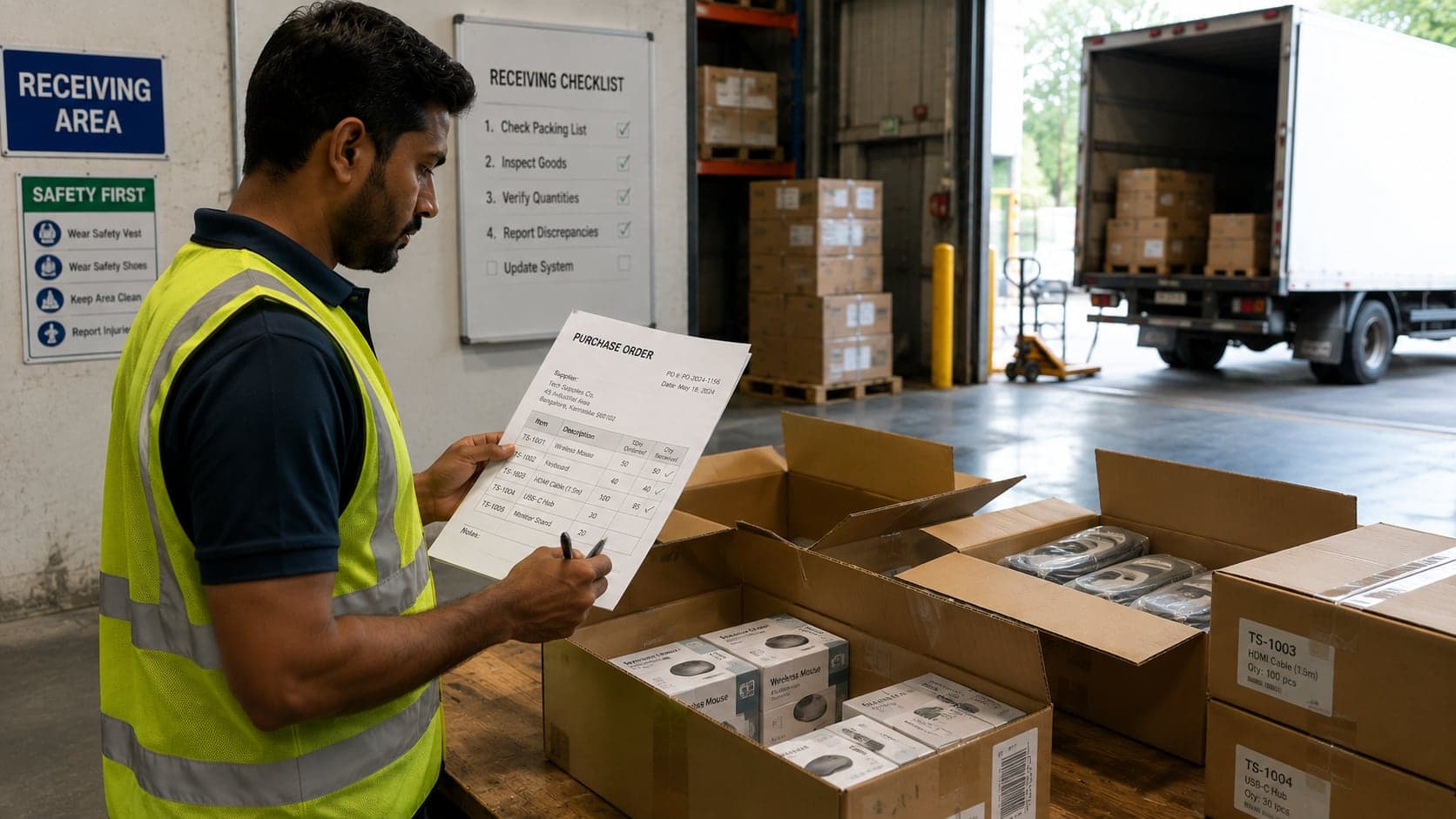 Delivery being checked against a purchase order document
