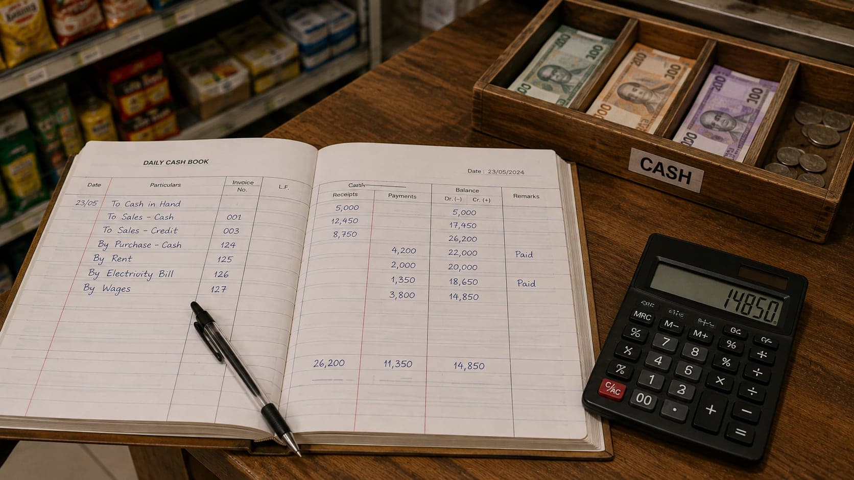 Ledger book and calculator on a shop desk