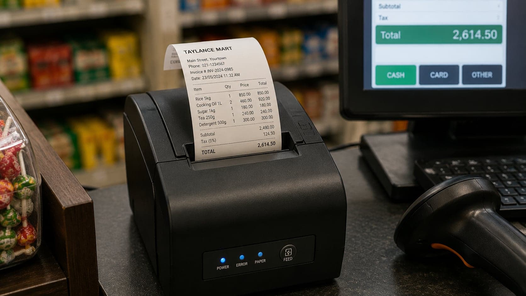 Thermal receipt printer printing a shop receipt