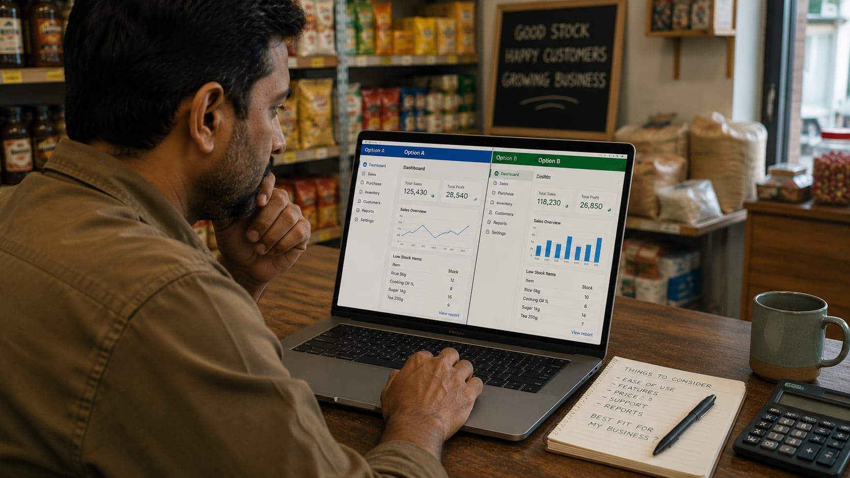 Shop owner comparing software options on a laptop