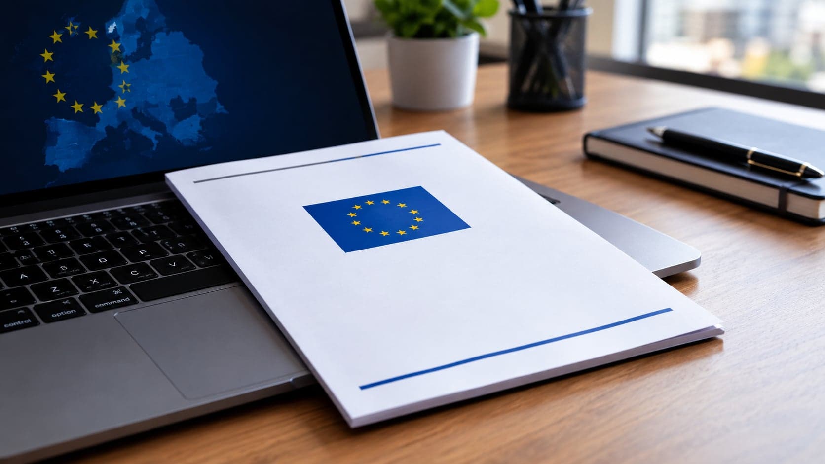 An EU compliance document placed on top of a laptop keyboard