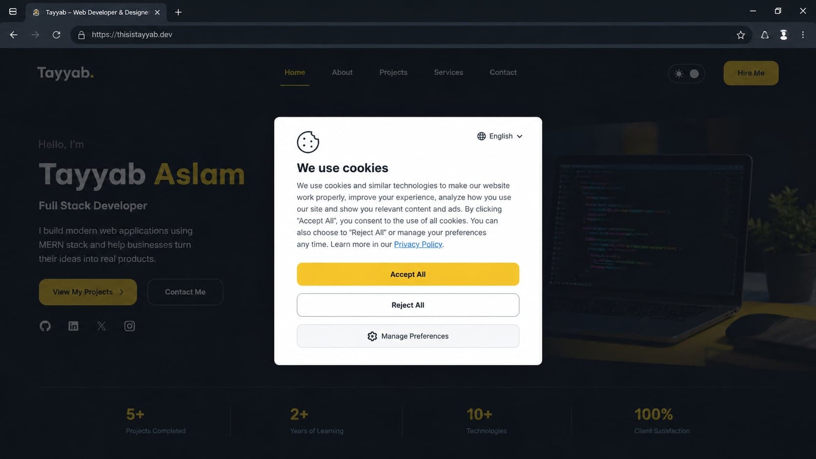 A web browser displaying a GDPR compliant cookie consent modal with explicit accept and reject buttons