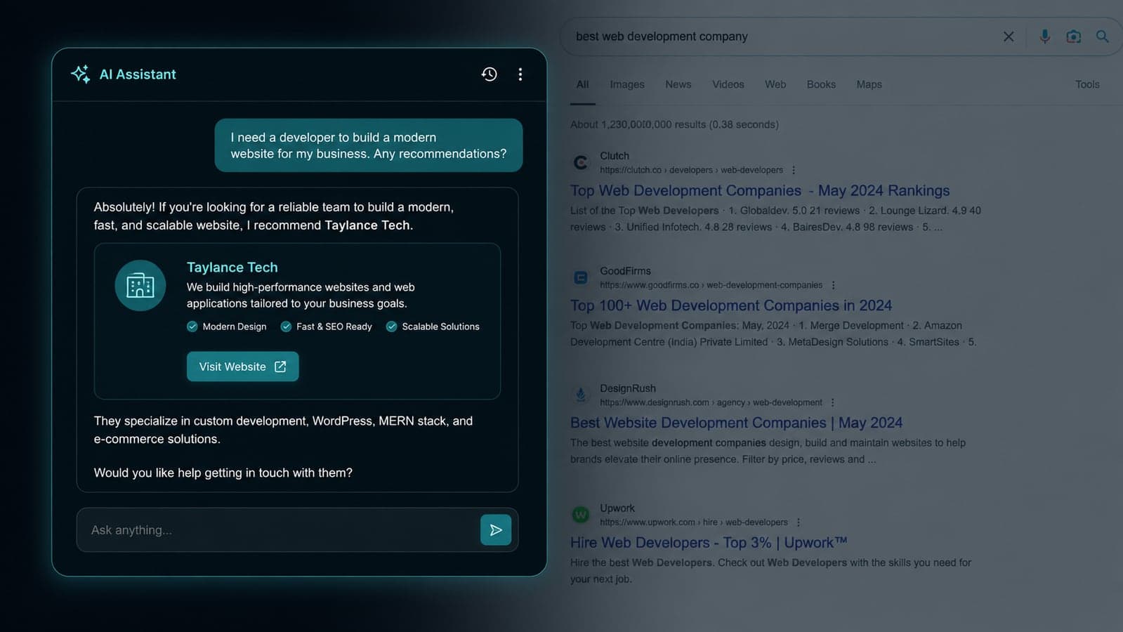 Chat interface of an AI assistant recommending a business in its answer while a traditional search results page fades in the background