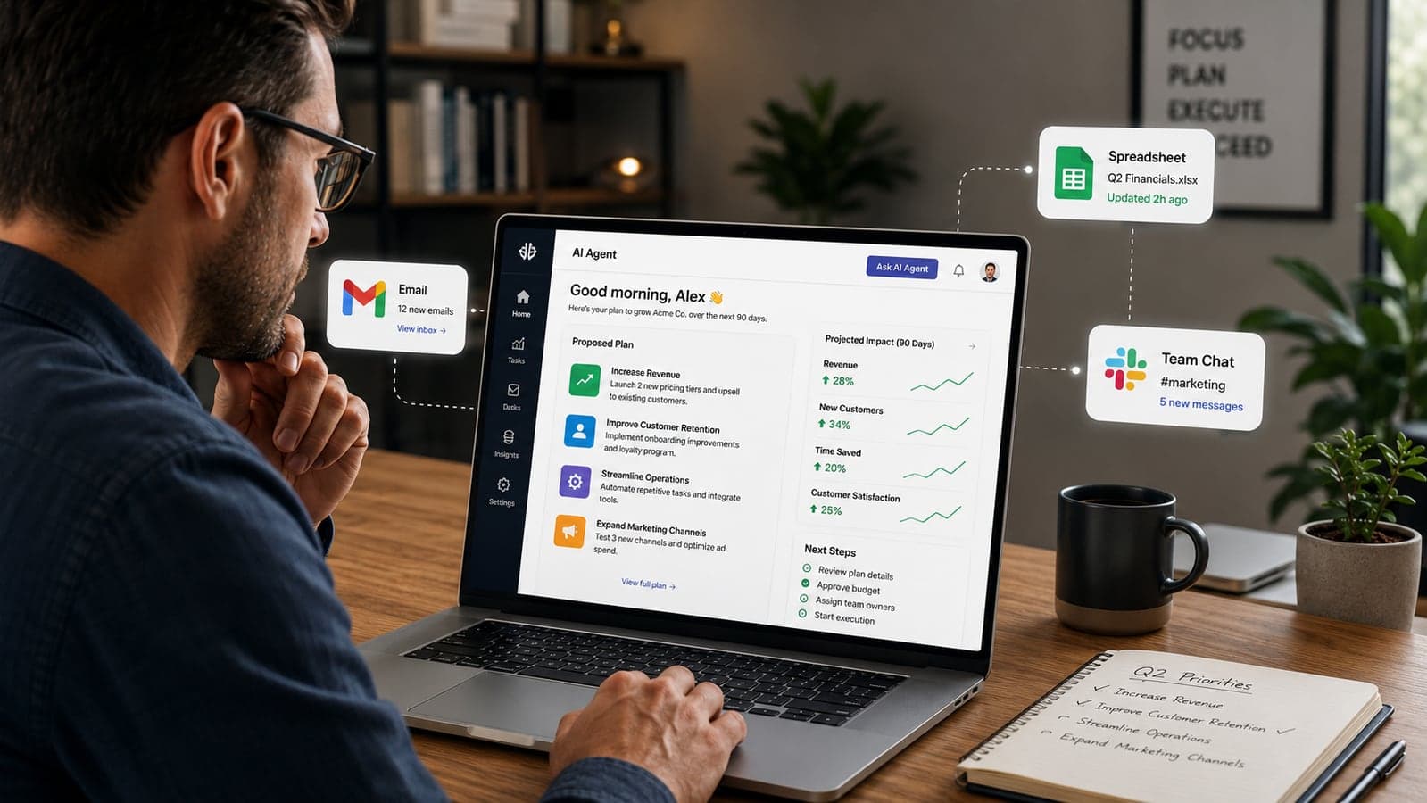 Small business owner reviewing a plan proposed by an AI agent on a laptop, with connected app icons for email, spreadsheets, and chat around the screen