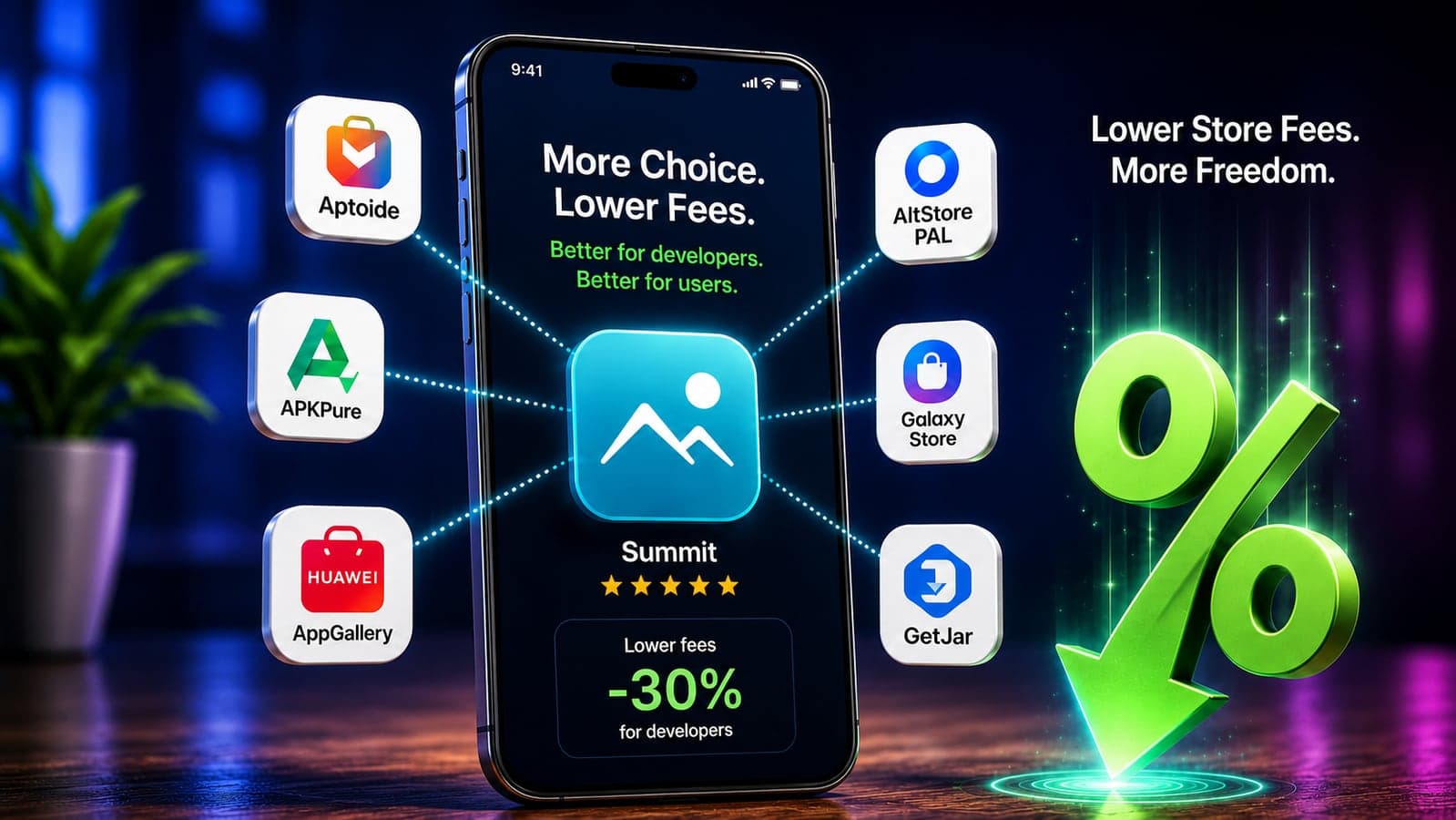 Smartphone showing multiple competing app store icons around a single app, with a falling percentage symbol representing reduced store fees