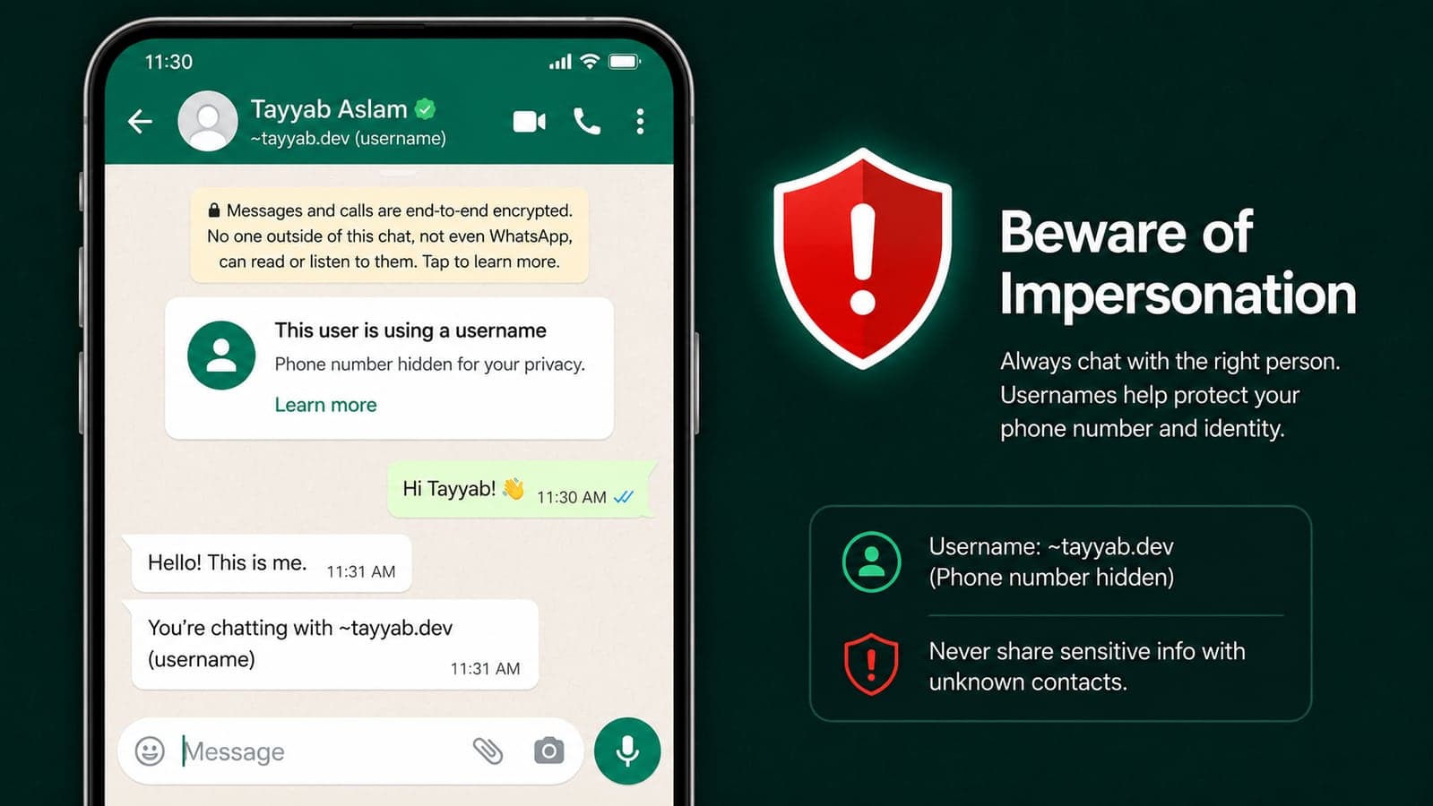 WhatsApp-style chat screen showing a username protecting a hidden phone number beside a warning shield highlighting an impersonation message