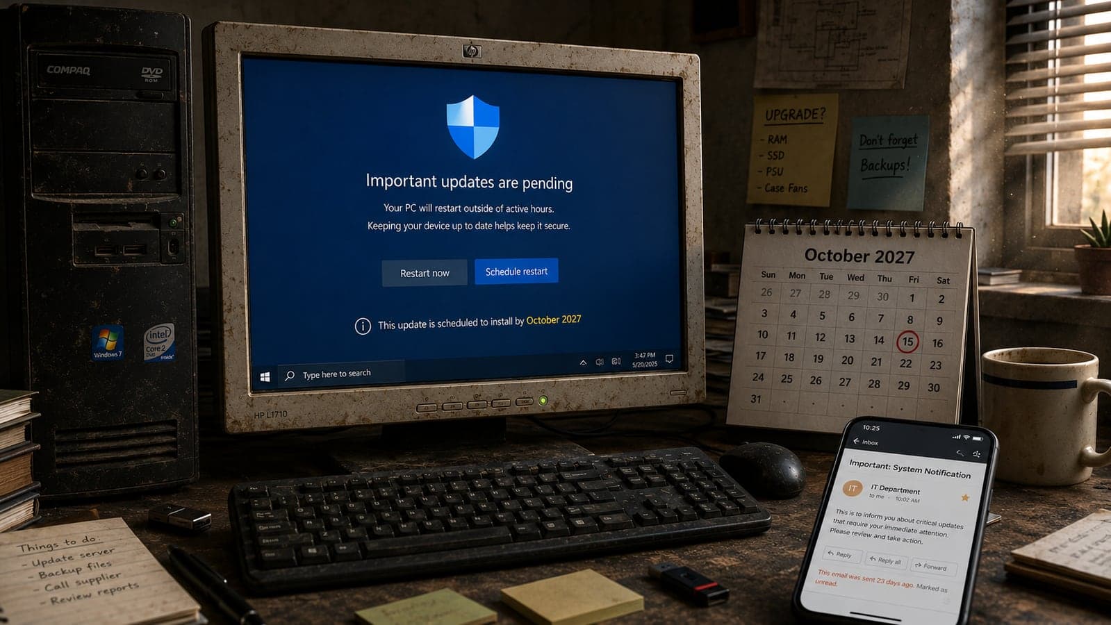 Aging desktop PC showing a Windows-style update screen with a shield icon and a calendar marking October 2027, next to an overlooked notification email