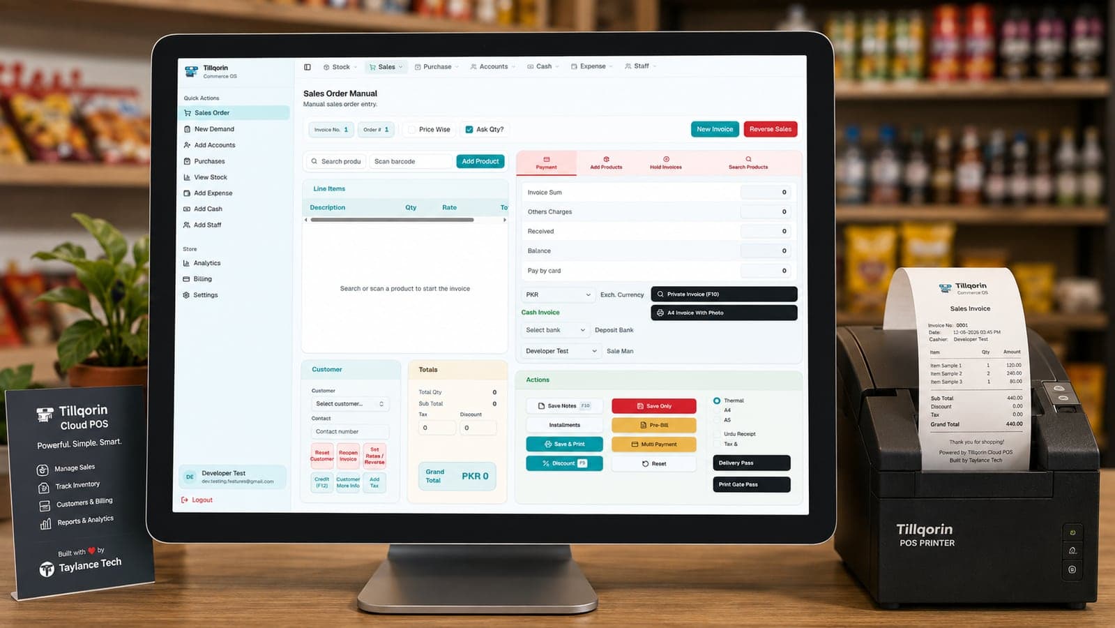 Tillqorin cloud POS interface on a shop counter computer beside a thermal receipt printer, showing a retail sales screen built by Taylance Tech
