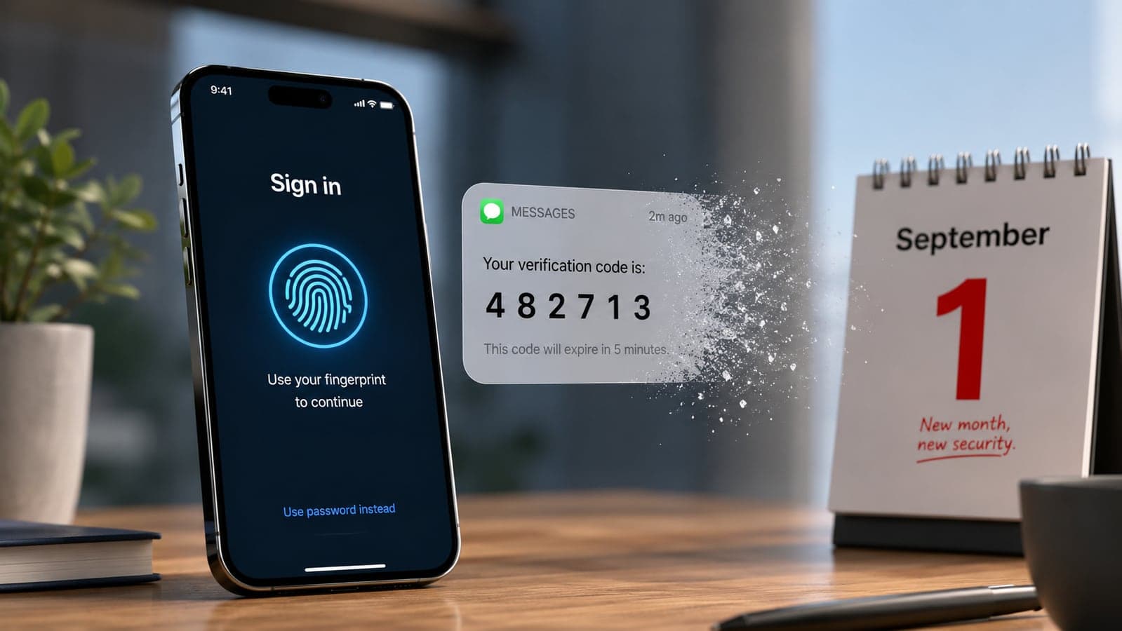 Smartphone showing a fingerprint sign-in prompt next to a fading six-digit SMS code message, with a calendar marking September 1