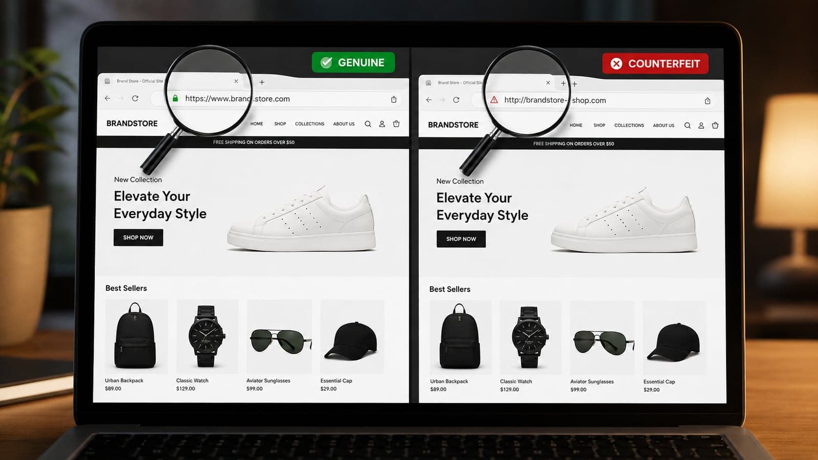 Two nearly identical online store pages side by side on a laptop screen, one genuine and one counterfeit, with a magnifying glass over the address bar