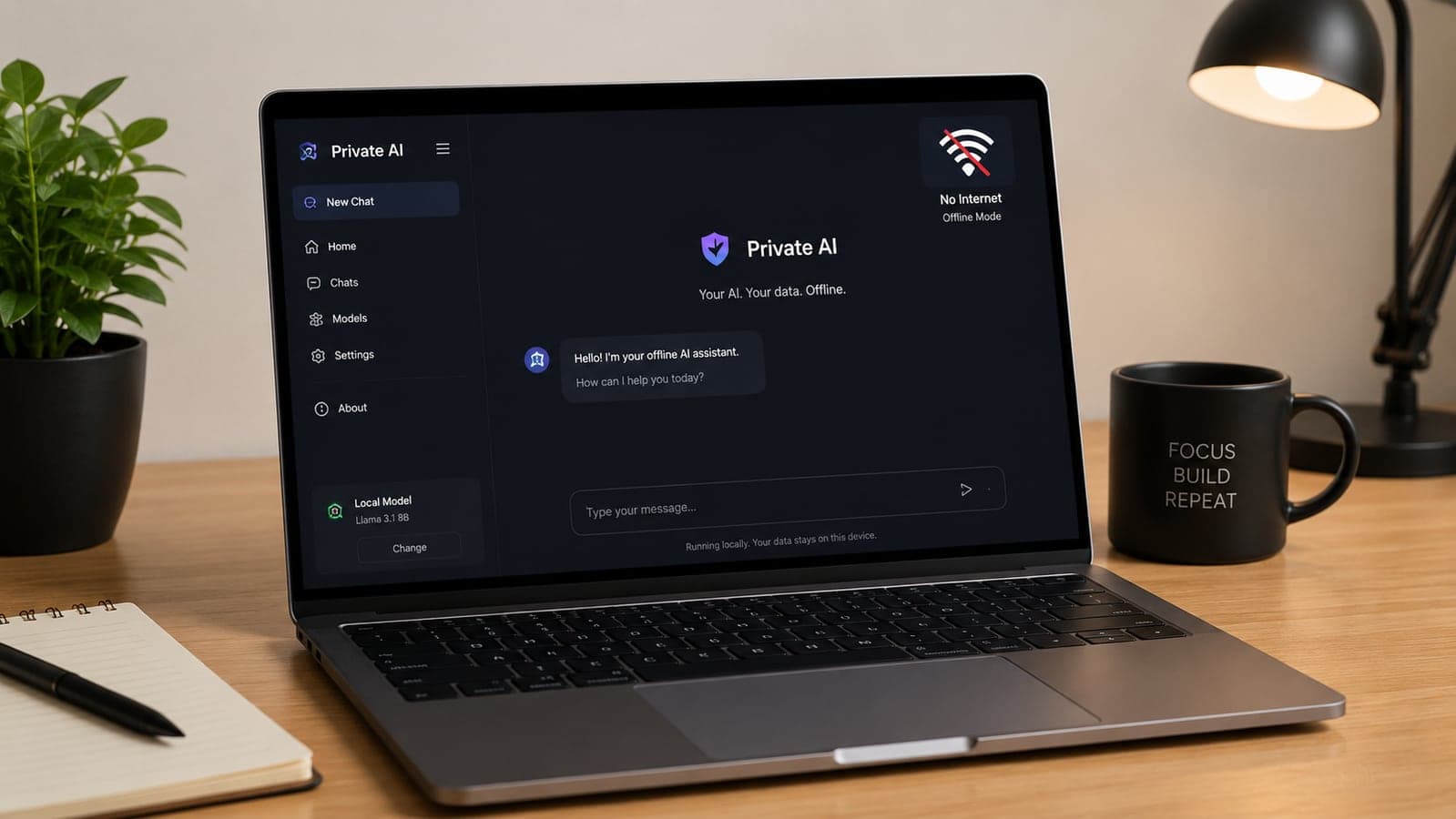 An ordinary laptop on a desk running an AI chat interface with the Wi-Fi icon switched off, symbolizing offline private AI
