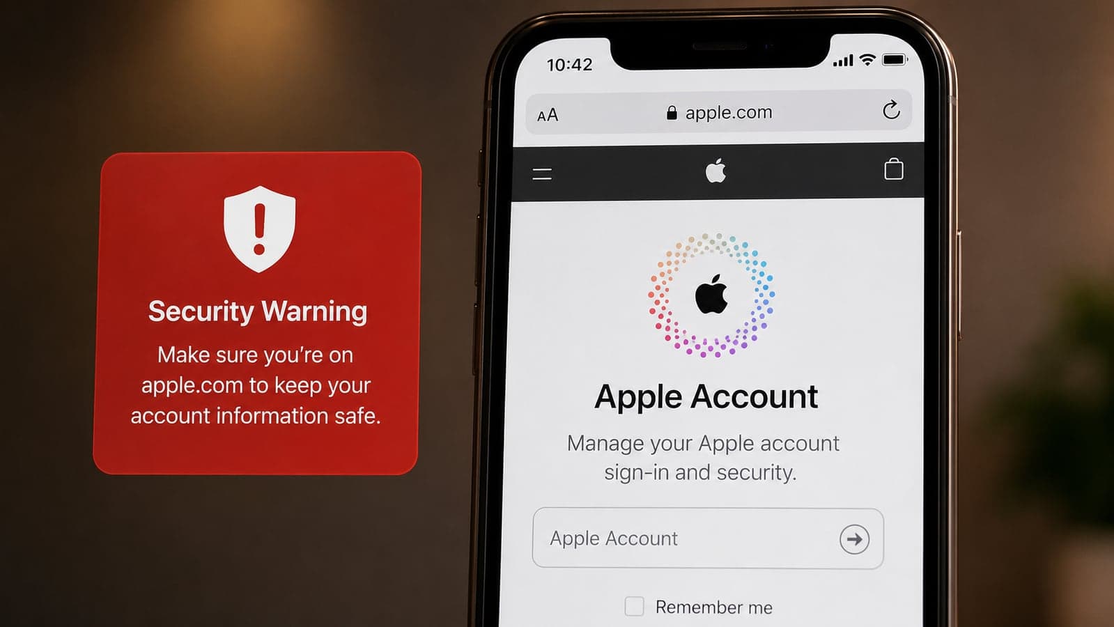 An iPhone displaying a red security warning beside a browser opened directly to the official Apple Account page