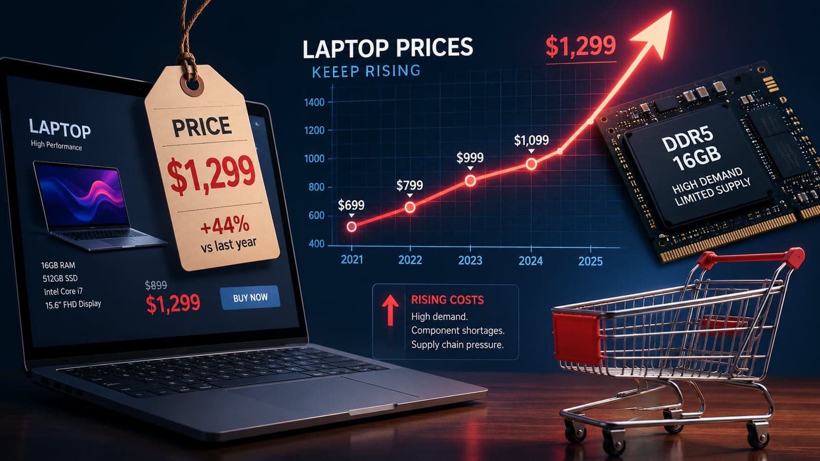 A laptop price tag climbing on a graph beside a memory chip, with a shopping cart waiting under a rising arrow