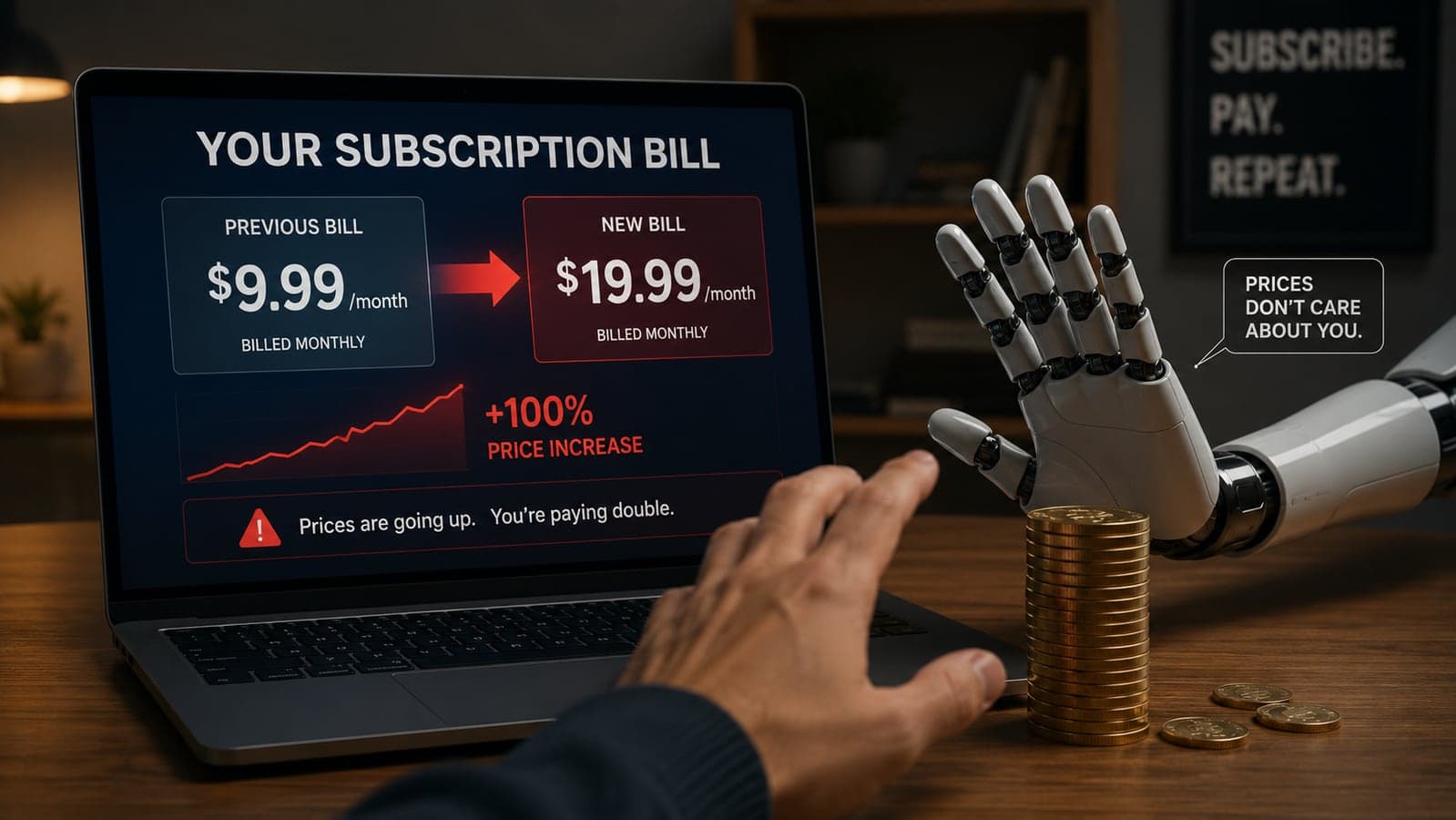 A laptop screen showing a subscription bill doubling, with a robotic hand pushing a stack of coins away from the user.