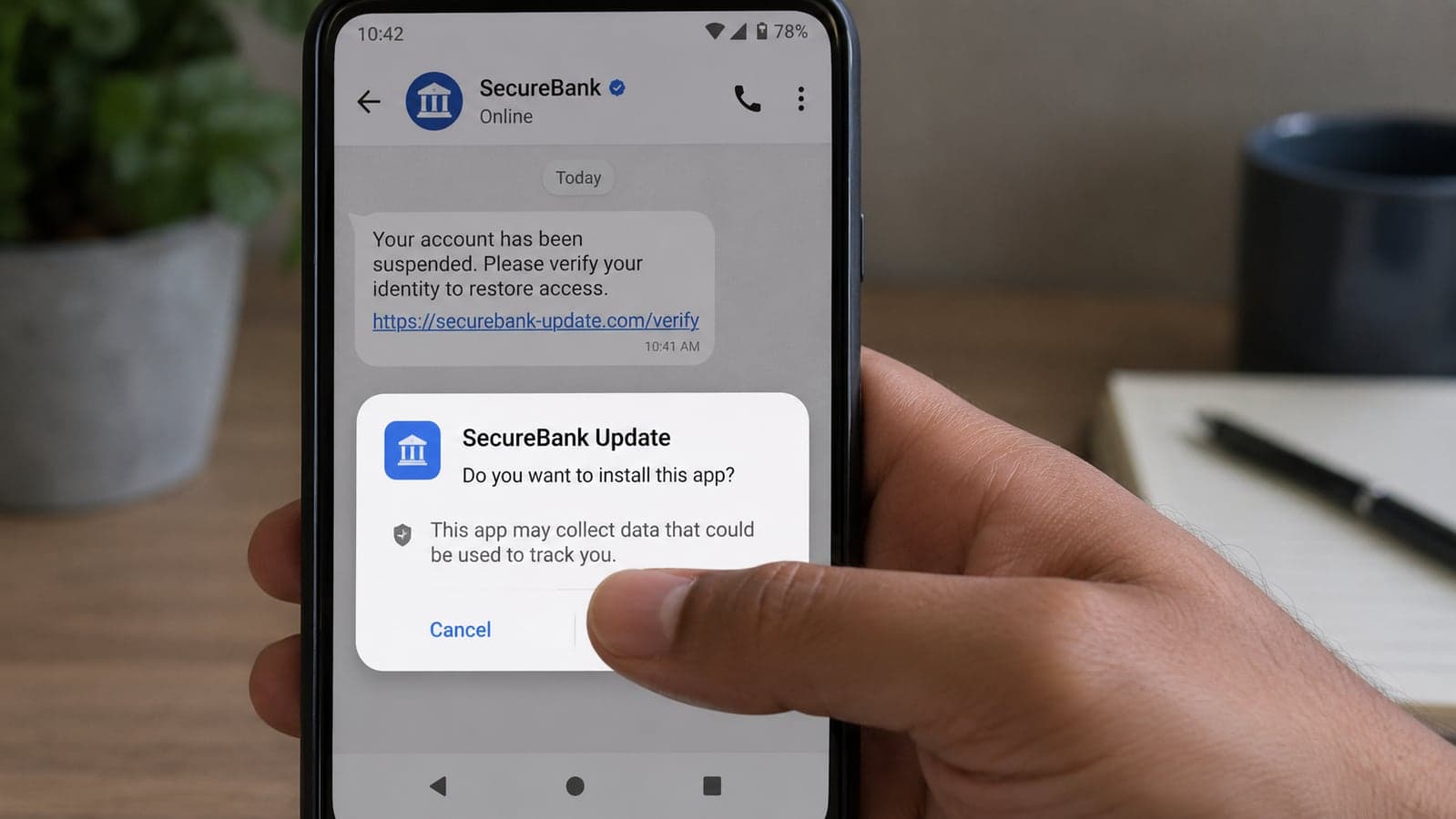 An Android phone showing a bank-style download prompt next to a chat message with a link, and a hand covering the Install button