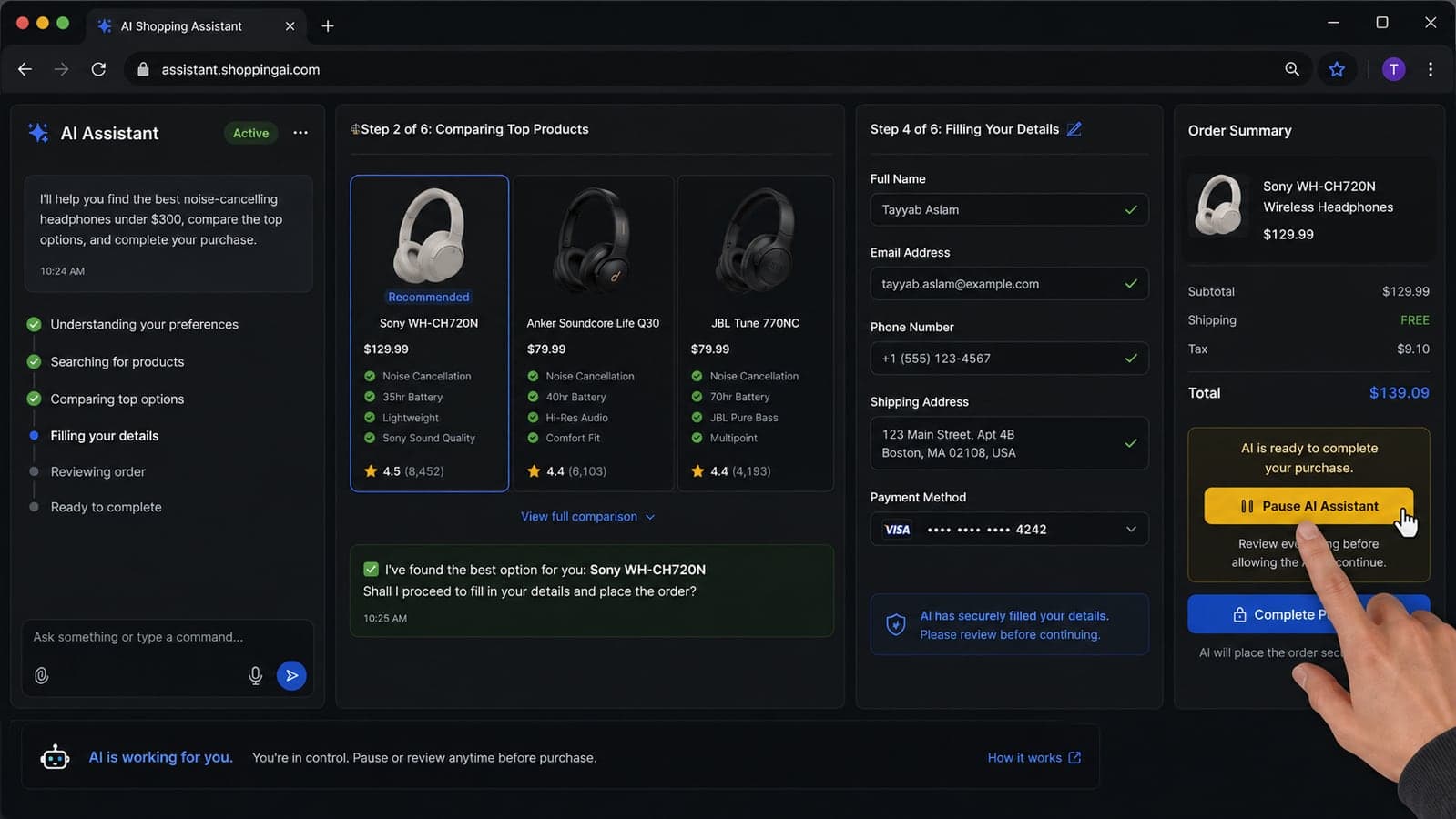 A Chrome browser window where an AI assistant compares products and fills a form while a person pauses the task before the purchase button