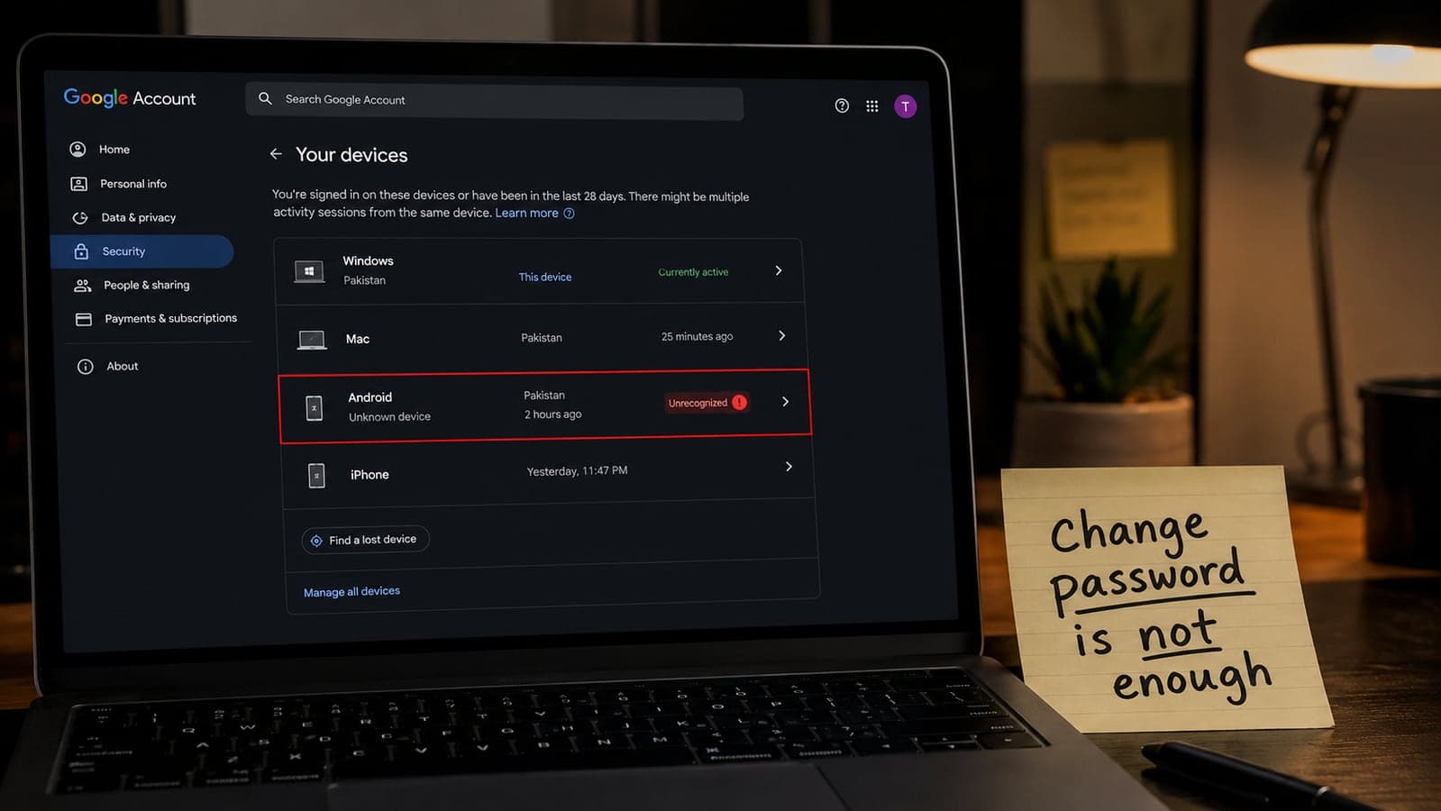 A laptop showing a Google account devices list with an unrecognized session highlighted, next to a handwritten note that says change password is not enough