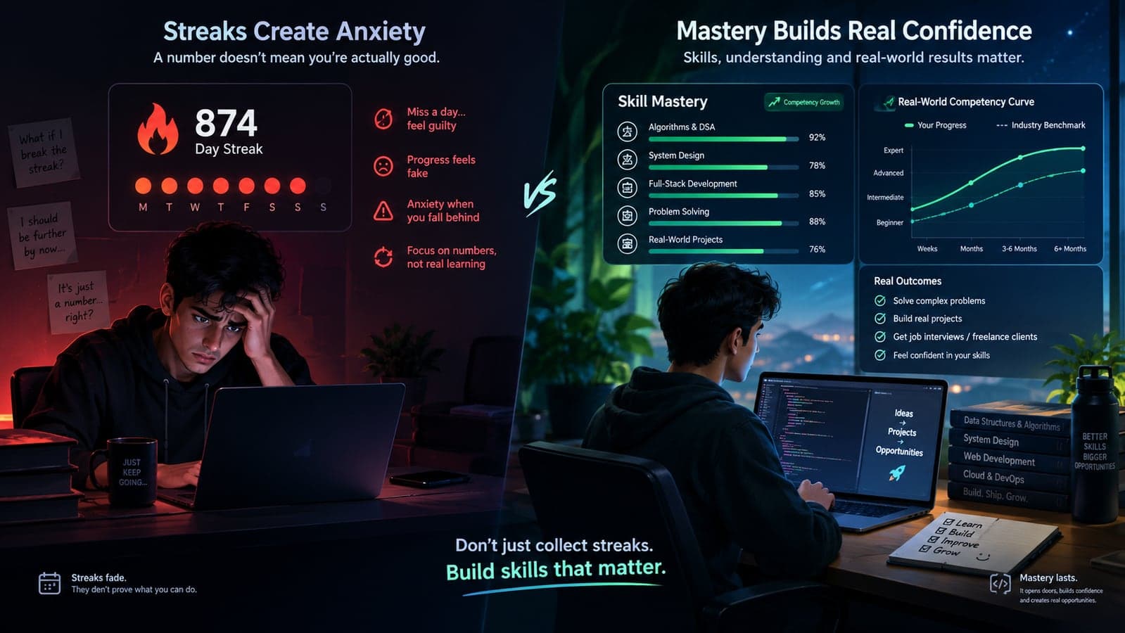 A conceptual digital illustration contrasting an anxiety-inducing daily streak counter with genuine skill mastery and real-world competency curves in modern educational software